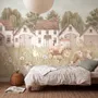Watercolour farmhouse animal wall mural with cottages, horse, cow, tractor and wheat meadow
