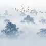 Papier peint forêt brumeuse avec oiseaux
