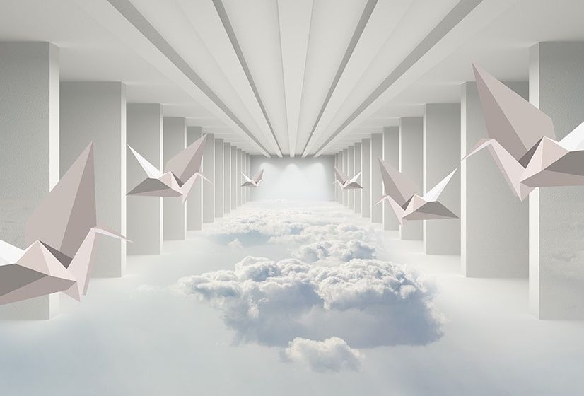 Abstract Corridor with Paper Plane Wallpaper Mural