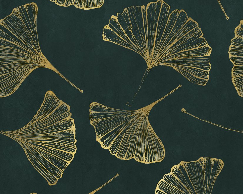 Dark green wallpaper with metallic antique-gold etched ginkgo leaves on a textured forest-green teal ground