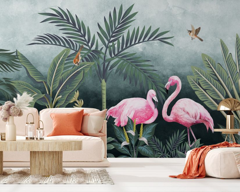 Pink Flamingo with Vintage Forest Wallpaper Mural