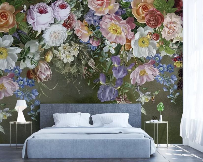 Vintage Colorful Vine Flowers Wallpaper Mural