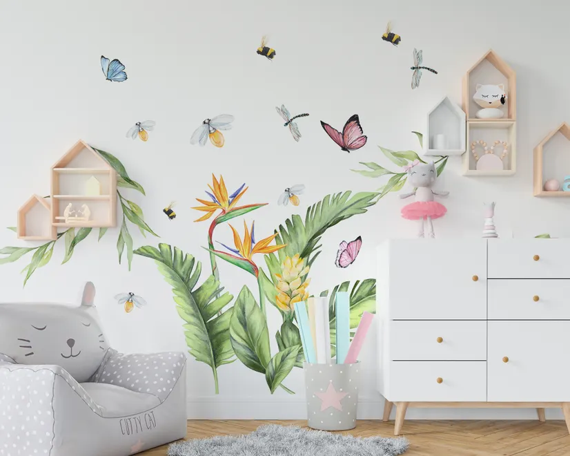 Stickers muraux feuilles et fleurs tropicales mignonnes