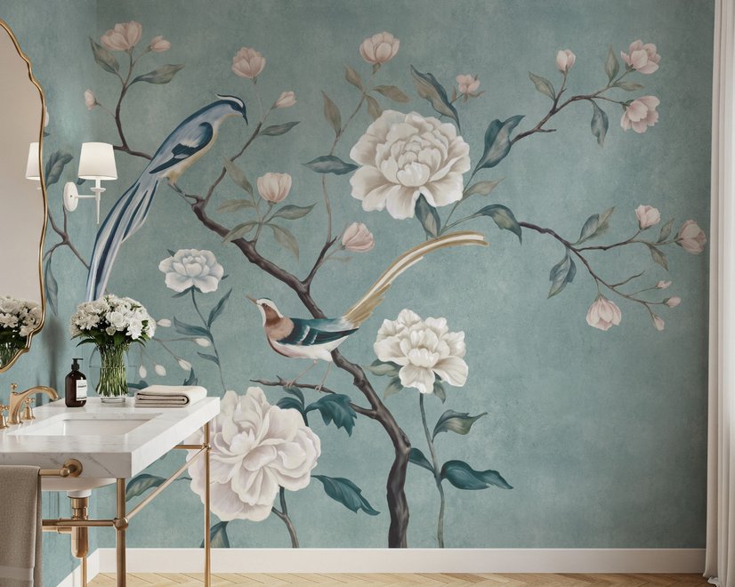 Papier peint panoramique floral et hirondelle, pivoine, vintage