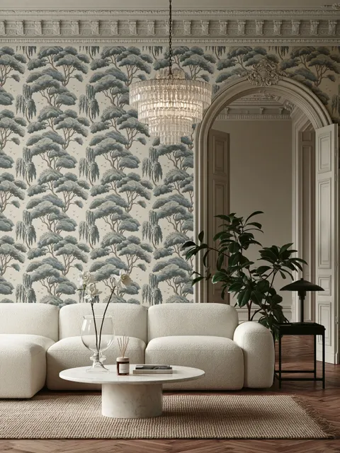 Vintage Japanese tree nature wallpaper with blue-grey canopies, willow foliage, birds and ivory-cream ground
