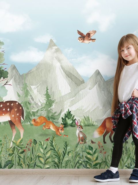Cute Forest Animals with Kids Mountain Landscape Wallpaper Mural