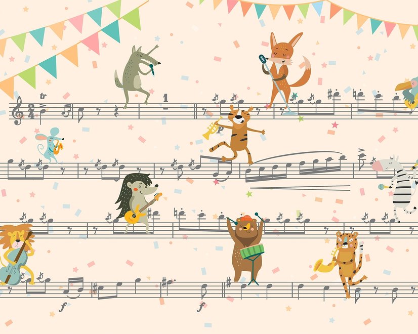 Cartoon Animals on Music Notes Wallpaper Mural
