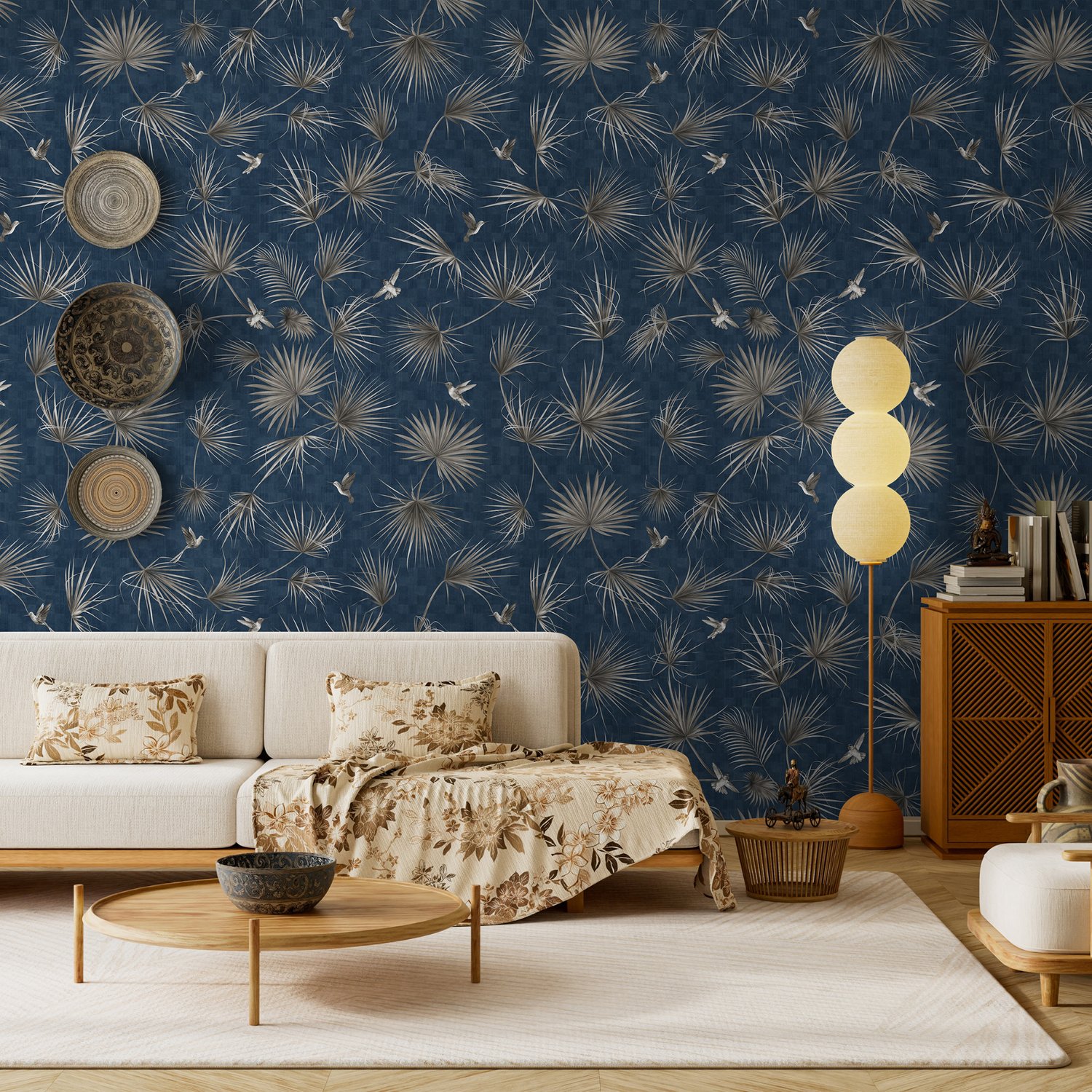 Tropical Palm Leaf and Birds Wallpaper Mural - Peel and Stick