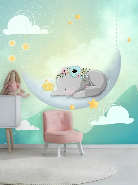 Watercolor Cute Elephant with Moon Wallpaper Mural