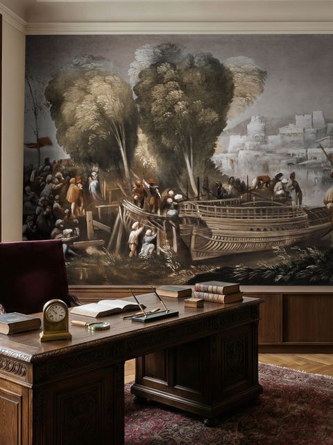 Mittelalterliche Seelandschaft mit Booten Fototapete