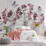 Papier peint panoramique floral avec petits papillons effet 3D