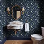Midnight navy moody botanical wallpaper with lavender butterflies, ivory moons, gold stars, flowers and mushrooms