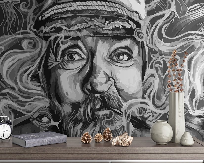 Papier peint panoramique de l'homme fumeur en niveaux de gris
