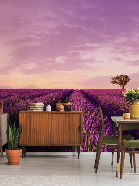 Serene Sunset Lavender and Balloon Landscape Wallpaper Mural