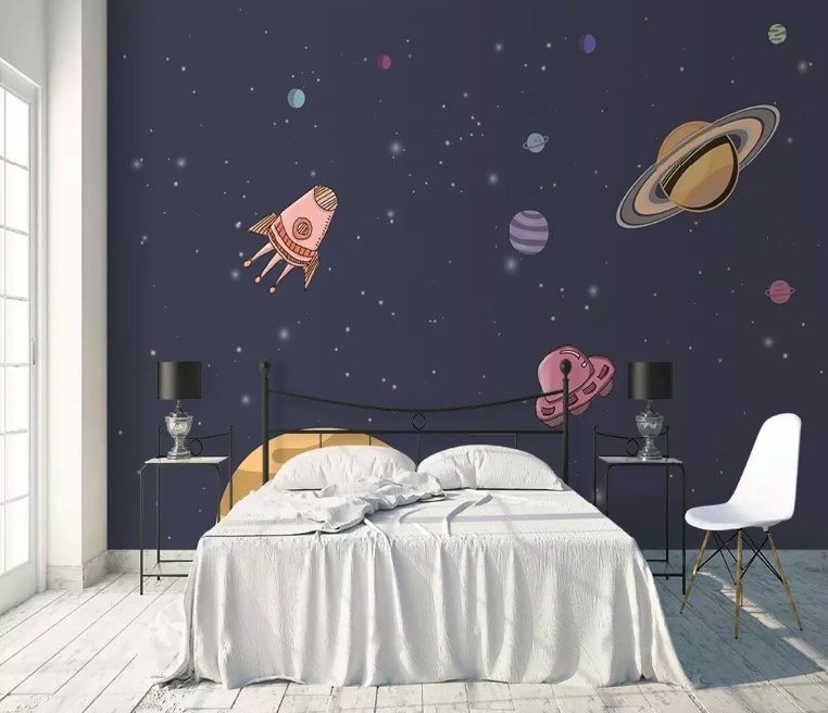 Watercolor Cartoon Space with Planets Wallpaper Mural
