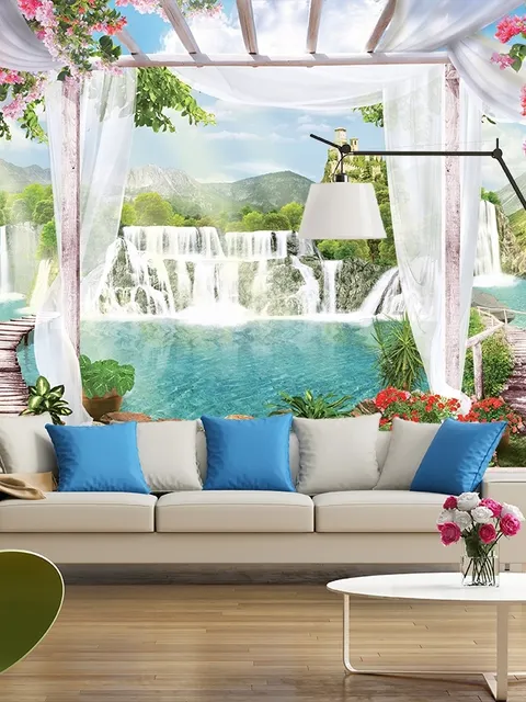 Papier peint panoramique jardin paysager et cascades en 3D