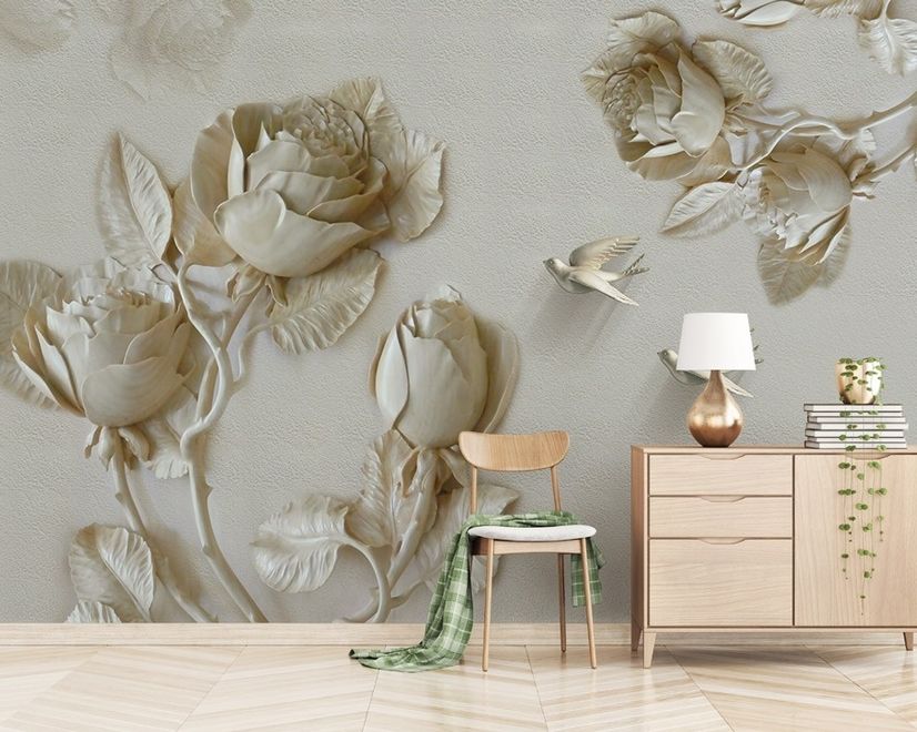 3D Embossed Look Rose Sculpture Wallpaper Mural
