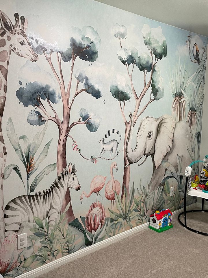 Kids Nursery Safari Animals and Flamingo in the Forest Wallpaper Mural