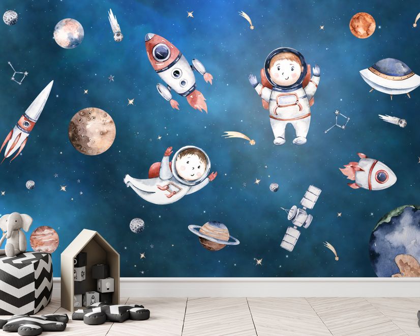 Kids Watercolor Space with Planets Wallpaper Mural