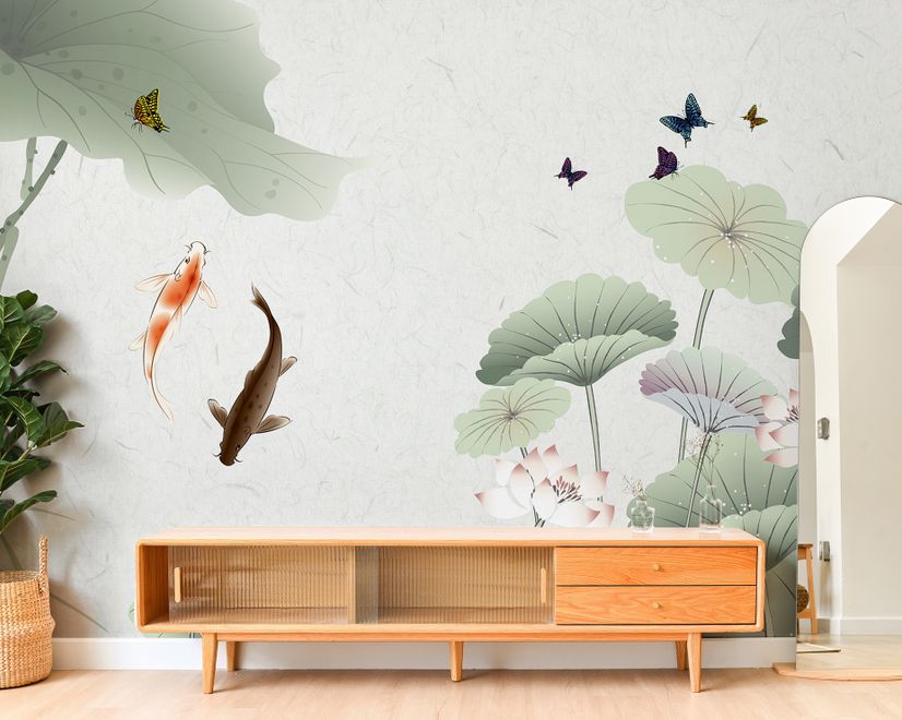 Watercolor Lotus Flower and Butterflies Wallpaper Mural