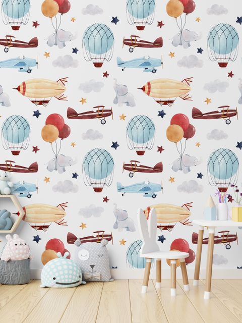 Papier peint panoramique motif montgolfière et avions vintage pour enfants
