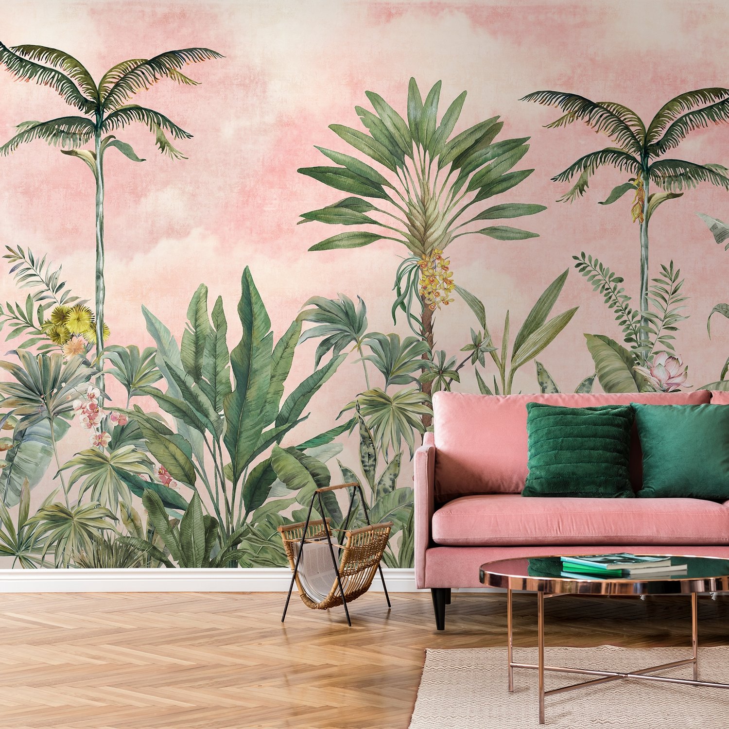 Watercolor Pink Tropical Chinoiserie Wallpaper Mural - Peel and Stick