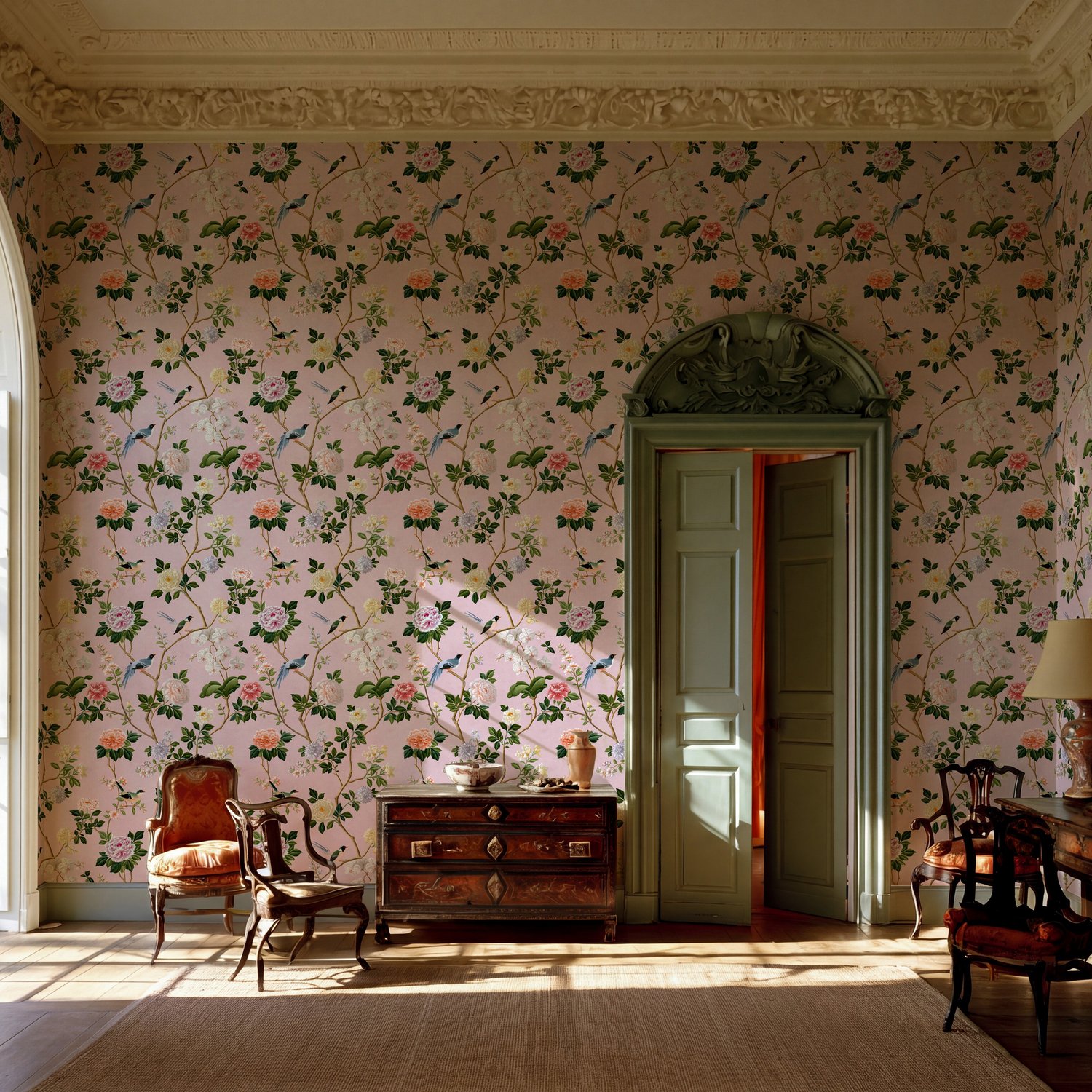 Pink Classic Chinoiserie Floral Wallpaper with Elegant Birds - Peel and Stick