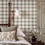 Sage green and cream-white tartan plaid wallpaper with deep red stripes and woven thread texture