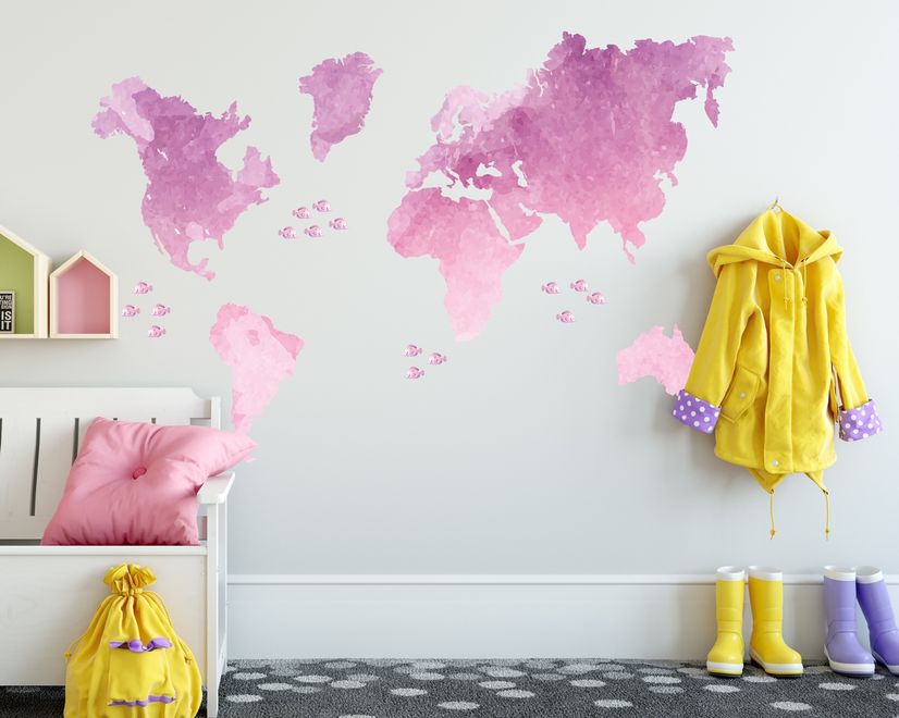 Kids Pink World Maps with Little Fishes Wall Decal Sticker