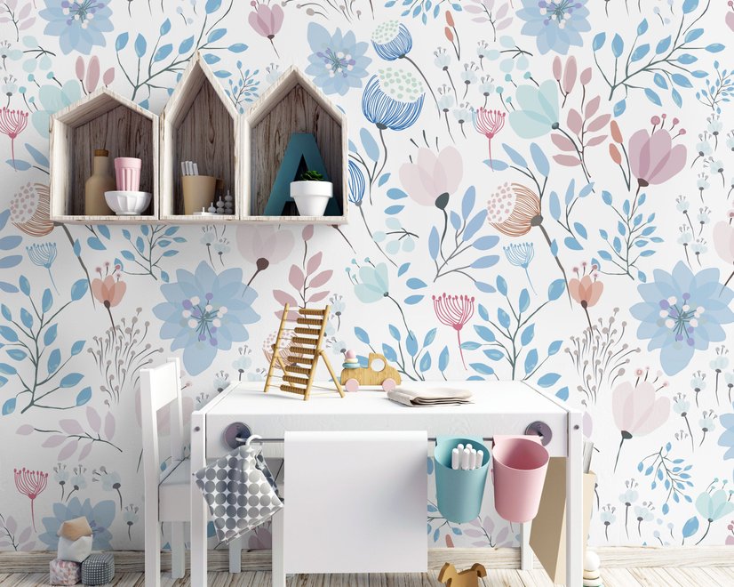 Kids Soft Light Pink / Blue Wildflowers Floral Pattern Wallpaper Mural