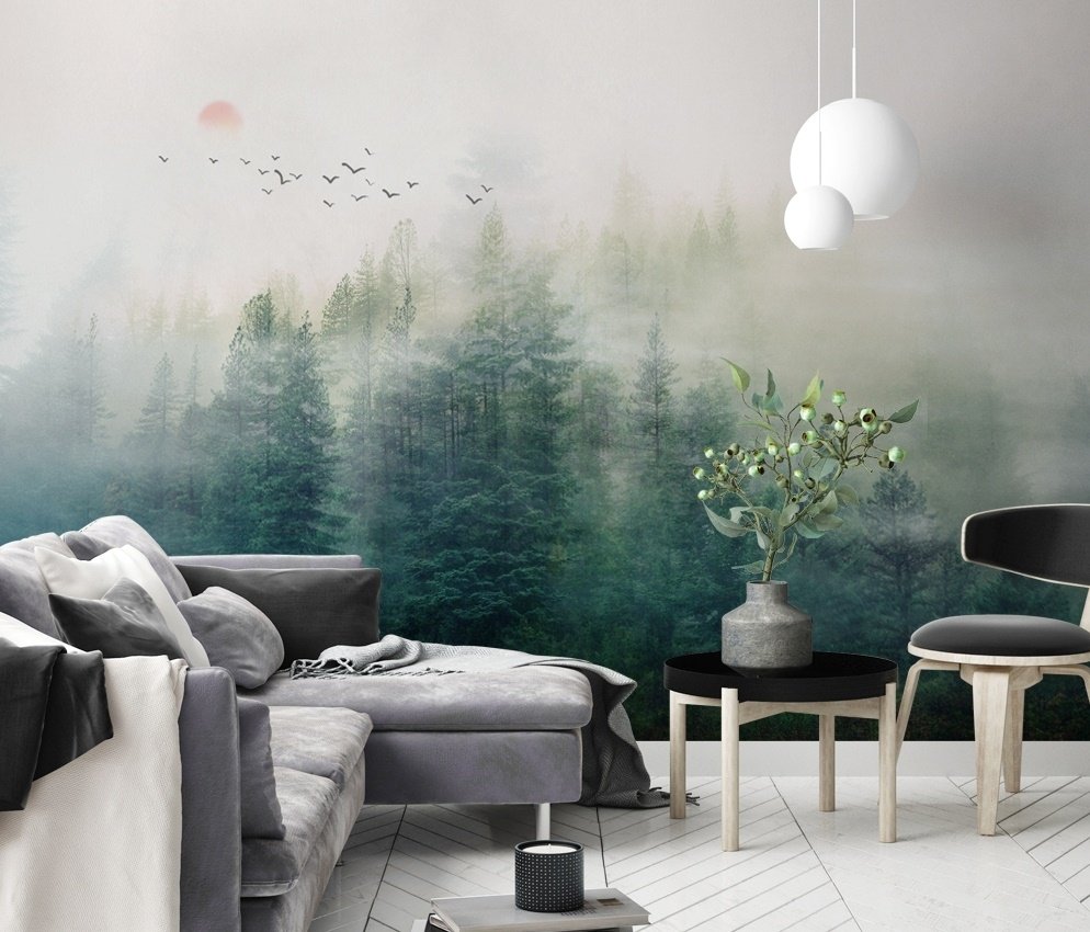 Misty Forest and Sunrise Wallpaper Mural - Peel and Stick
