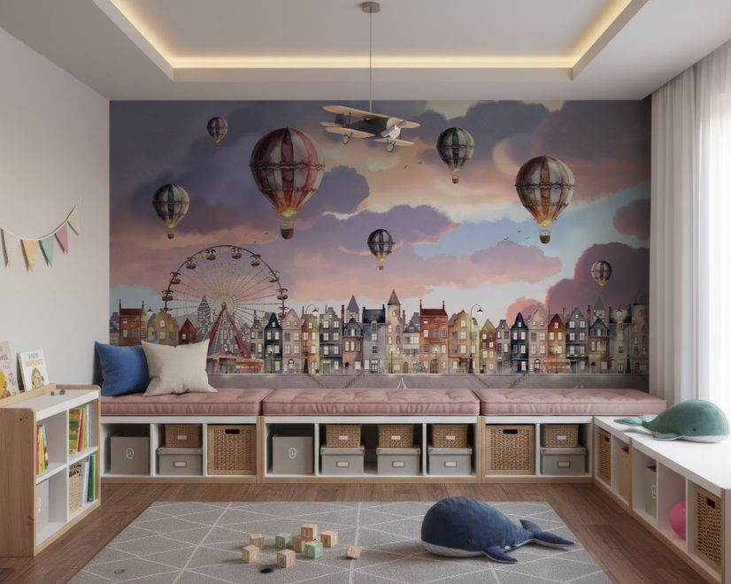 Kids Harbor Village and Hot Air Balloons Wallpaper Mural