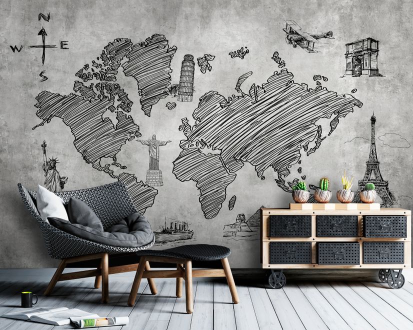 Monochrome World Map Wallpaper Mural