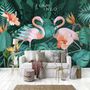 Coral and Pink Flamingo with Tropical Leafy Wallpaper Mural