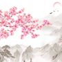 Fototapete Kirschblüte mit Berglandschaft