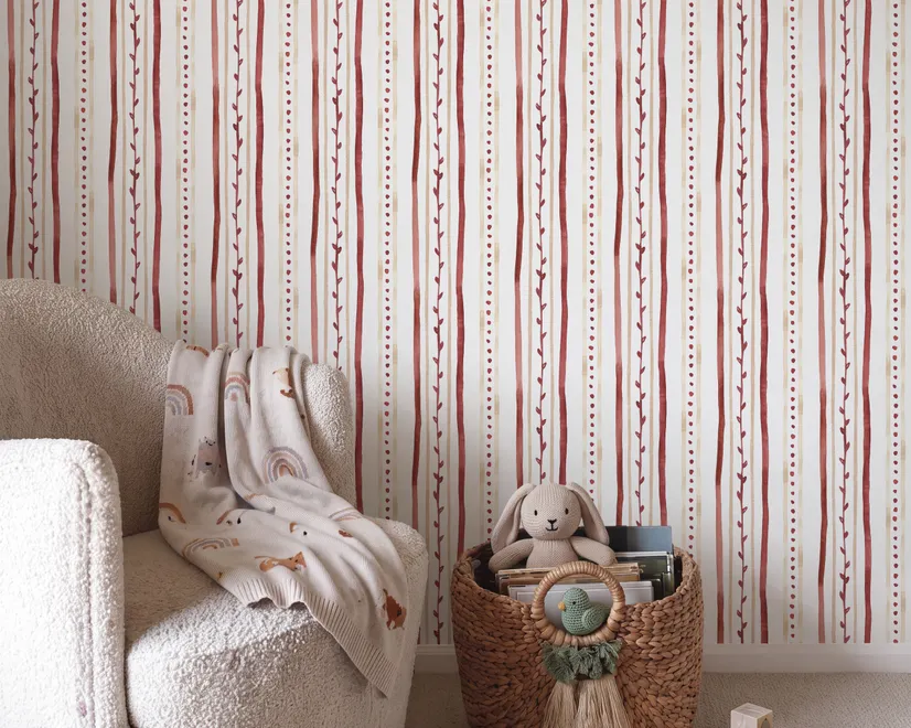 Watercolor stripe leaf wallpaper with burgundy dots and heart leaves on a bright white ground
