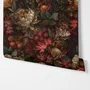 Dark moody floral wallpaper with cream peonies, coral lilies, berries and green foliage on chocolate brown