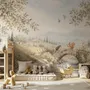 Watercolour woodland wall mural with fawn, rabbits, stone bridge, stream and distant cypress countryside