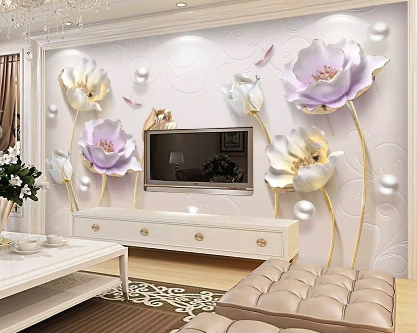 Papier peint panoramique floral de tulipes, aspect gaufré 3D