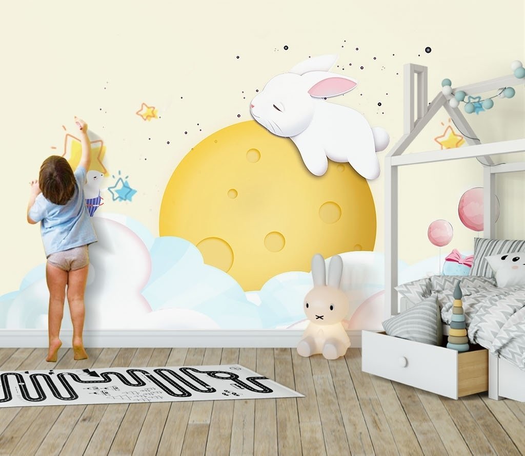 Baby Cartoon Rabbit and Yellow Moon Wallpaper Mural - Peel and Stick