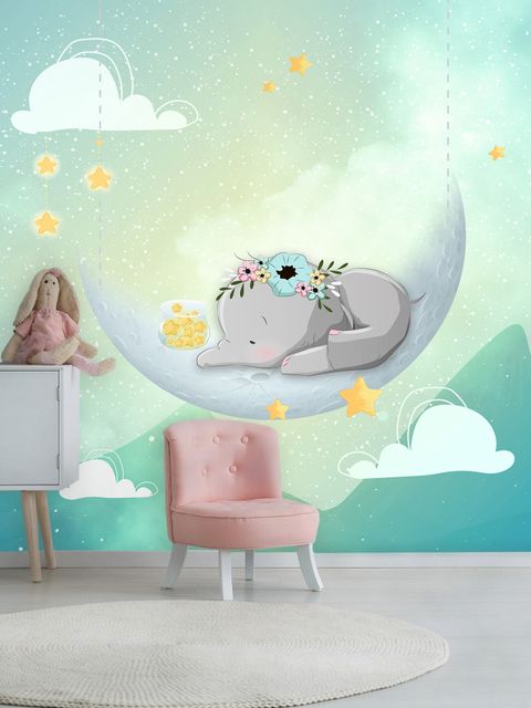 Papier peint panoramique aquarelle, éléphant mignon et lune
