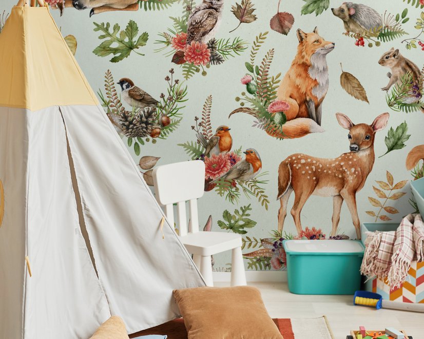 Nursery Watercolor Cute Forest Animals Pattern Wallpaper Mural