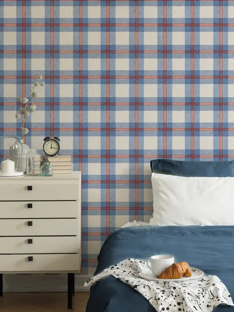 Blue and red plaid wallpaper with denim blue, cream and sky blue woven checks and fine red stripes