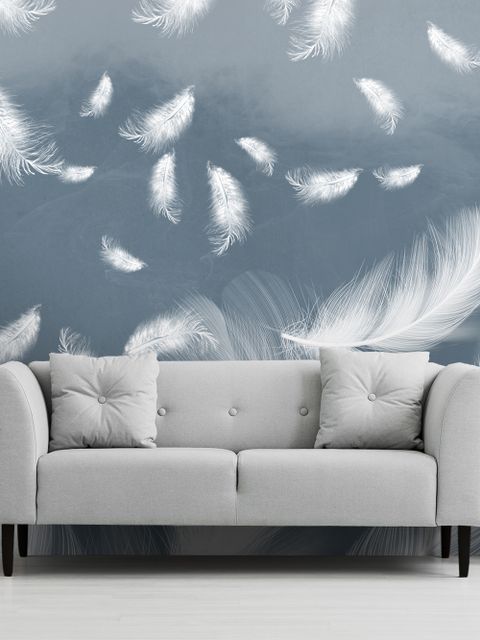 Papier peint panoramique plumes bleues