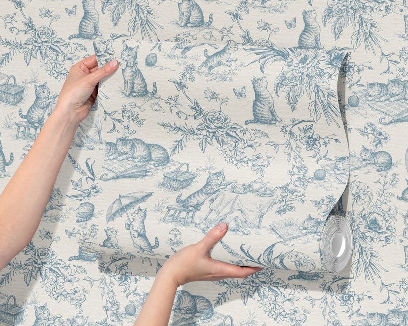 Cute cats wallpaper with dusty blue toile kittens, roses and garden scenes on warm cream