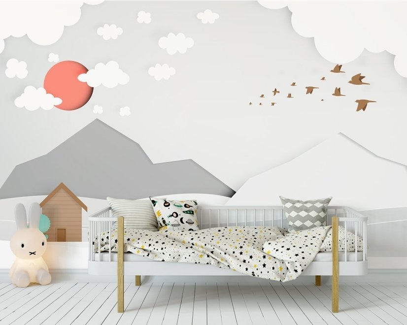 Papier peint panoramique paysage montagneux blanc et gris pour enfants