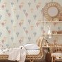 Watercolor blue wallpaper with hot air balloons, cream clouds and peach stars on pale sage green