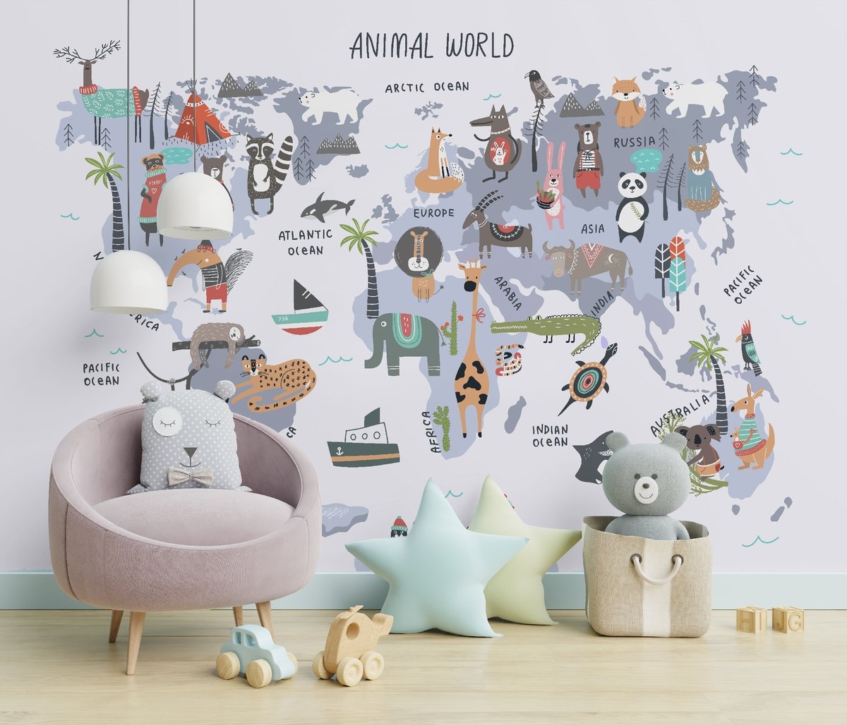 World Map with Cartoon Animals Kids Wallpaper Mural - Peel and Stick