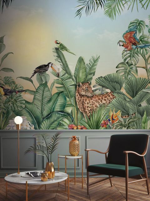 Papier peint léopard perroquet coloré forêt tropicale
