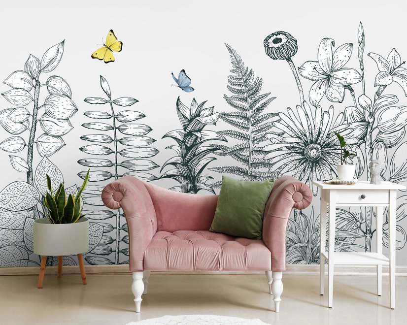 Papier peint panoramique de feuilles et de fleurs au fusain